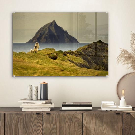 MuchoWow® Glasschilderij 60x40 cm - Schilderij acrylglas - Schapen aan de kust van Ierland - Foto op glas - Schilderijen
