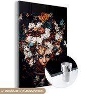 MuchoWow® Glasschilderij 60x80 cm - Schilderij acrylglas - Bloemen - Vlinder - Vrouwen - Hoofddoek - Foto op glas - Schilderijen