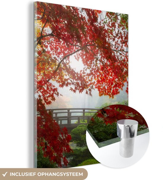 Peinture sur verre - Japonais - Pont - Érable du Japon - Arbres - Nature - Verre acrylique - Photo sur verre - 30x40 cm - Peinture sur verre nature - Décoration murale verre - Décoration murale - Peinture verre