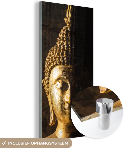 Glasschilderij - Foto op glas - Buddha beeld - Goud - Boeddha - Spiritueel - Schilderij glas - Wanddecoratie - 40x80 cm - Acrylglas - Glasschilderij binnen - Muurdecoratie