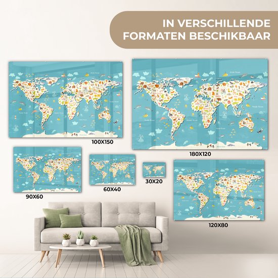 Peinture sur Verre - Carte du Wereldkaart - Enfants - Couleurs - Animaux - 60x40 cm - Peintures sur Verre Peintures - Photo sur Glas