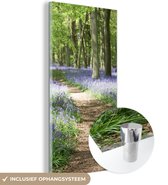 MuchoWow® Glasschilderij 20x40 cm - Schilderij acrylglas - Bos - Pad - Bloemen - Paars - Groen - Natuur - Foto op glas - Schilderijen