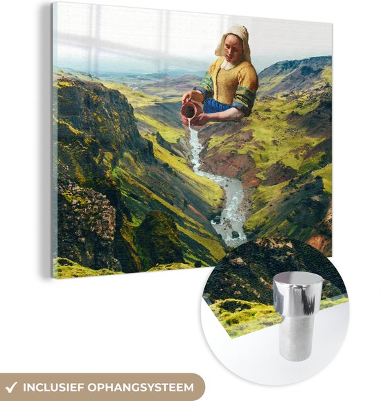 MuchoWow® Glasschilderij 120x90 cm - Schilderij acrylglas - Melkmeisje - Water - Vermeer - Foto op glas - Schilderijen