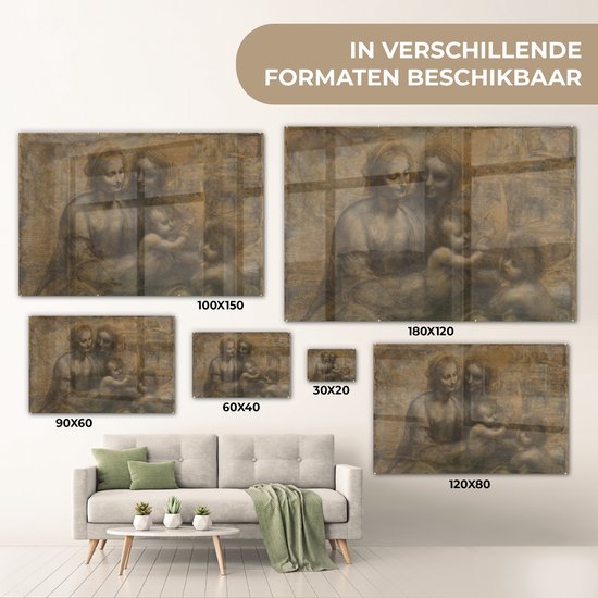 MuchoWow® Peinture sur verre 90x60 cm - Peinture sur verre acrylique - Marie avec l'enfant et Sainte Anne - Leonardo de Vinci - Photo sur verre - Peintures