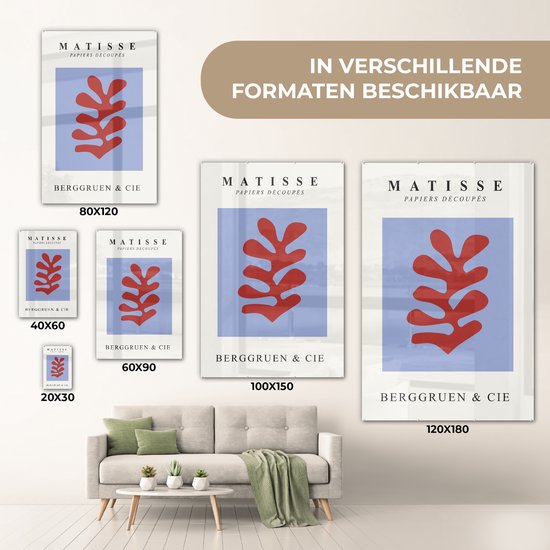 MuchoWow® Peinture sur verre 100x150 cm - Peinture sur verre acrylique - Matisse - Feuille - Rouge - Blauw - Abstrait - Photo sur verre - Peintures