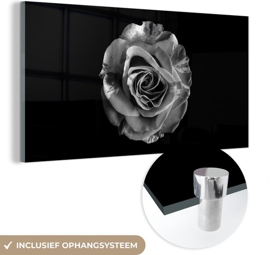 MuchoWow® Glasschilderij 80x40 cm - Schilderij acrylglas - Bloemen - Roos - Zwart - Wit - Botanisch - Foto op glas - Schilderijen