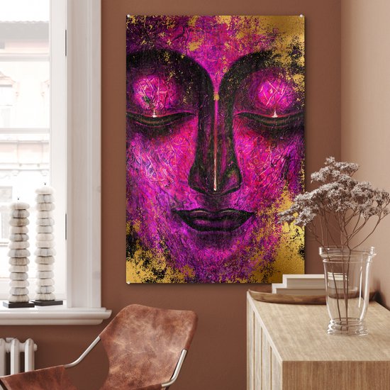 MuchoWow® Peinture sur Verre - Bouddha - Visage - Violet - 80x120 cm - Peintures sur Verre Acrylique - Photo sur Glas