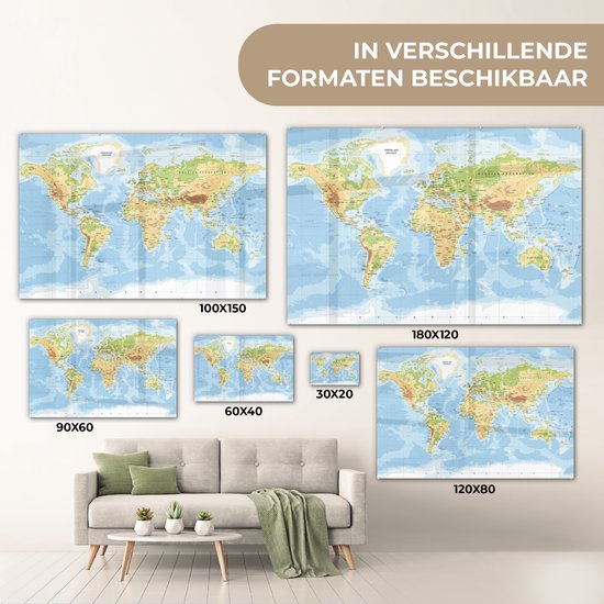 Tableau sur Verre - Carte du Wereldkaart - Géographie - Atlas - 120x80 cm - Peintures sur Verre Peintures - Photo sur Glas