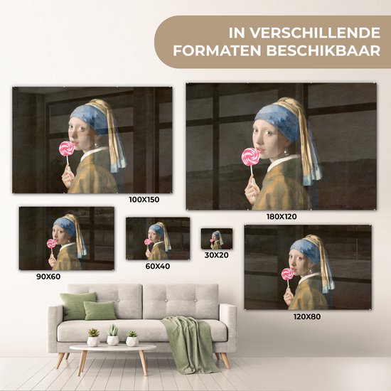 MuchoWow® Peinture sur Verre - Fille à la Perle - Johannes Vermeer - Sucette - 90x60 cm - Peintures sur Verre Acrylique - Photo sur Glas
