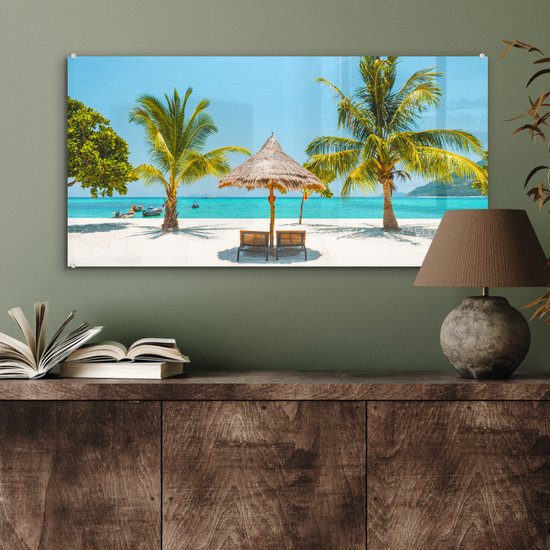 Peinture sur verre - Plage avec palmiers et transats - 80x40 cm - Peintures sur Verre Peintures - Photo sur Glas