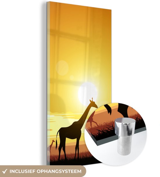 MuchoWow® Glasschilderij 20x40 cm - Schilderij acrylglas - Illustratie van een Afrikaanse zonsondergang met een giraffe en olifant - Foto op glas - Schilderijen