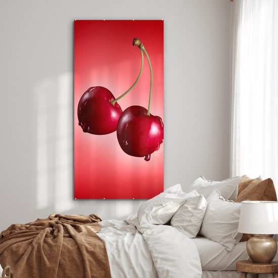 MuchoWow® Glasschilderij 80x160 cm - Schilderij acrylglas - Kersen - Fruit - Rood - Foto op glas - Schilderijen