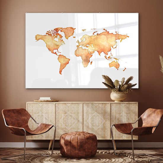 MuchoWow® Glasschilderij 180x120 cm - Schilderij acrylglas - Wereldkaart - Oranje - Waterverf - Foto op glas - Schilderijen