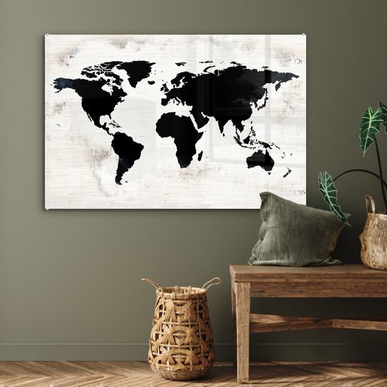 Peinture sur Verre - Carte du Wereldkaart - Zwart - Bois - 120x80 cm - Peintures sur Verre Peintures - Photo sur Glas