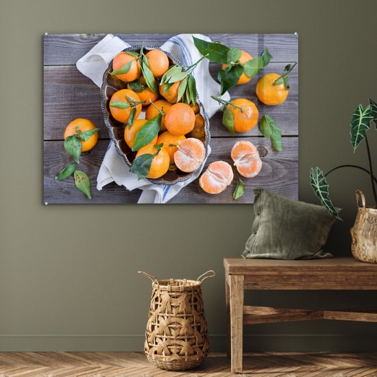 ® Glasschilderij 120x80 cm - Schilderij acrylglas - Mandarijnen op een houten tafel - Foto op glas - Muurdecoratie woonkamer - Wanddecoratie slaapkamer - Schilderijen