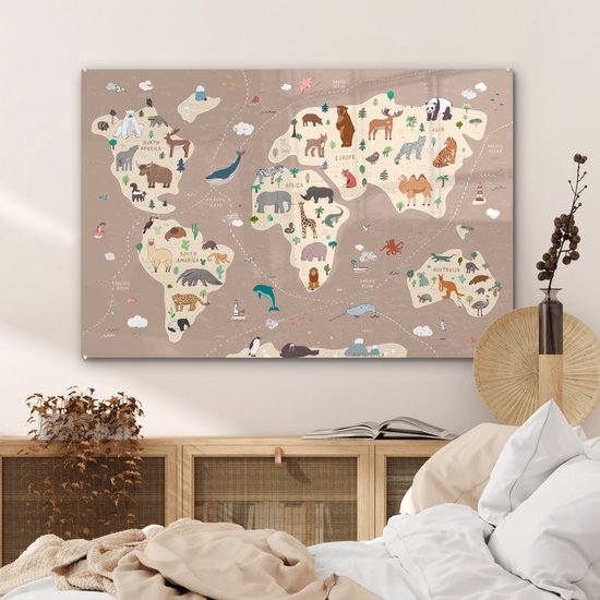 Peinture sur Verre - Carte du Wereldkaart pour Enfants - Terre - Animaux - 120x80 cm - Peintures sur Verre Peintures - Photo sur Glas