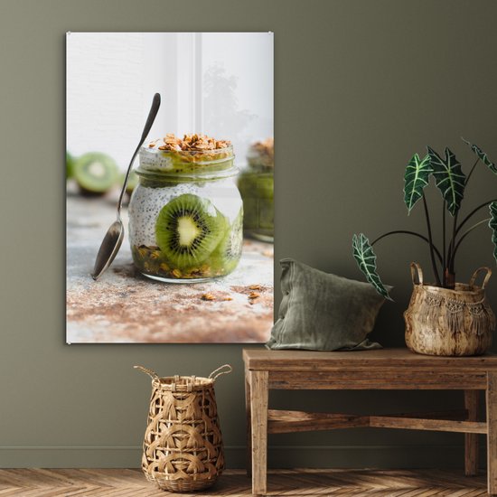 MuchoWow® Glasschilderij 80x120 cm - Schilderij acrylglas - Kiwi - Pudding - Eten - Foto op glas - Schilderijen