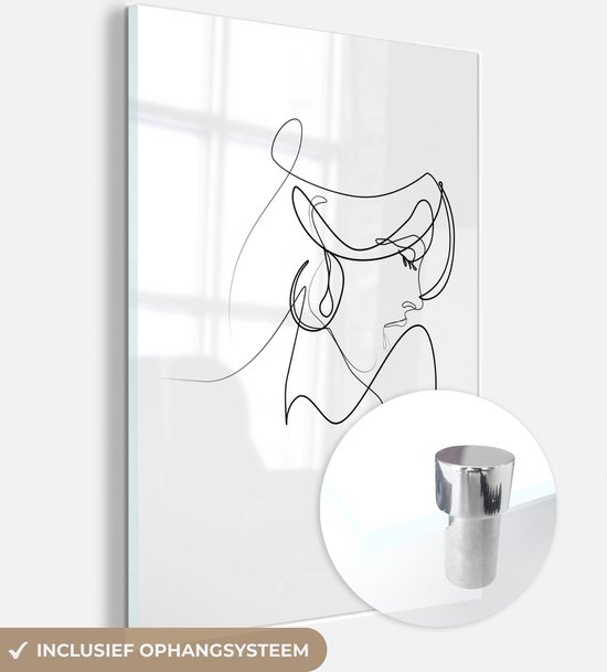 MuchoWow® Glasschilderij 90x120 cm - Schilderij acrylglas - Abstracte line art van een elegante vrouw op een witte achtergrond - Foto op glas - Schilderijen