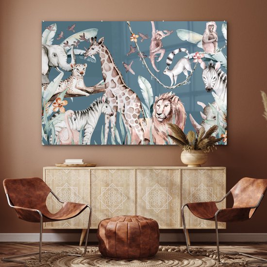 MuchoWow® Peinture sur verre 150x100 cm - Peinture sur verre acrylique - Peinture aquarelle - Jungle - Animaux - Garçons - Blauw - Enfants - Photo sur verre - Peintures