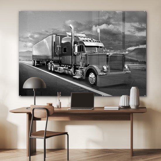 MuchoWow® Peinture sur Verre - Camion - noir et blanc - 180x120 cm - Peintures sur Verre Acrylique - Photo sur Glas