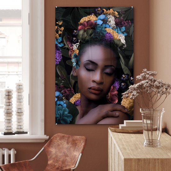 Peinture sur verre - Fleurs - Feuilles - Femmes - 60x90 cm - Peintures Plexiglas