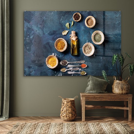 MuchoWow® Peinture sur verre 180x120 cm - Peinture sur verre acrylique - Huile - Épices - Louches - Herbes - Cuisine - Photo sur verre - Peintures