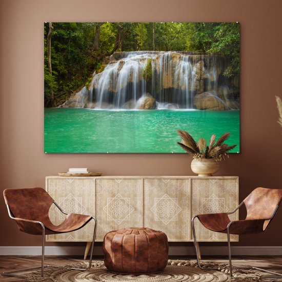 Le parc national thaïlandais d'Erawan avec les cascades Plexiglas 180x120 cm - Tirage photo sur Glas (décoration murale plexiglas) XXL / Groot format!