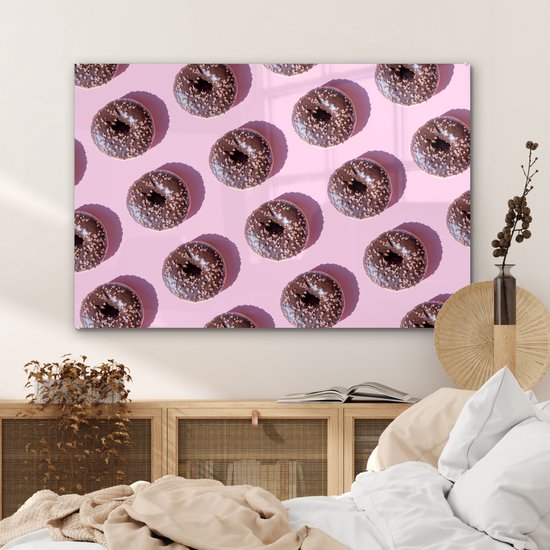 MuchoWow® Peinture sur verre 120x80 cm - Peinture sur verre acrylique - Beignets au chocolat sur fond rose - Photo sur verre - Peintures