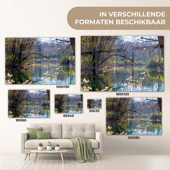 Acrylglas schilderij van een rivier in een herfstbos. Verkrijgbaar in de maten 30x20, 60x40, 90x60, 100x150 en 120x80.
