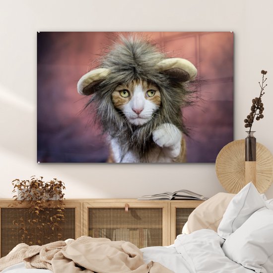 MuchoWow® Peinture sur Verre - Chat - Costume - Lion - 120x80 cm - Peintures sur Verre Acrylique - Photo sur Glas