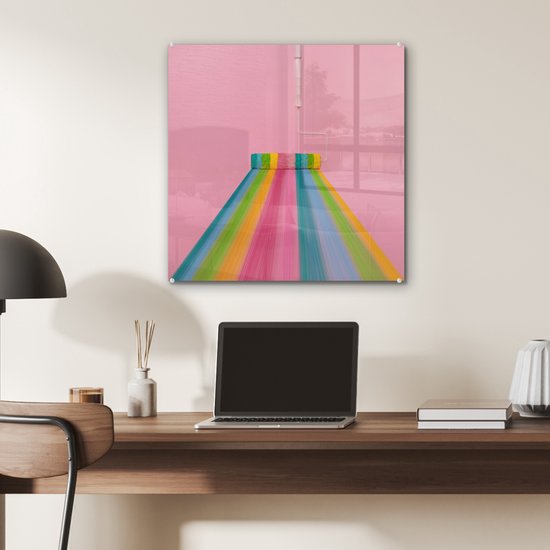 MuchoWow® Peinture sur verre 50x50 cm - Peinture sur verre - Rouleau à peinture qui fait des rayures arc-en-ciel - Photo sur verre acrylique - Peintures