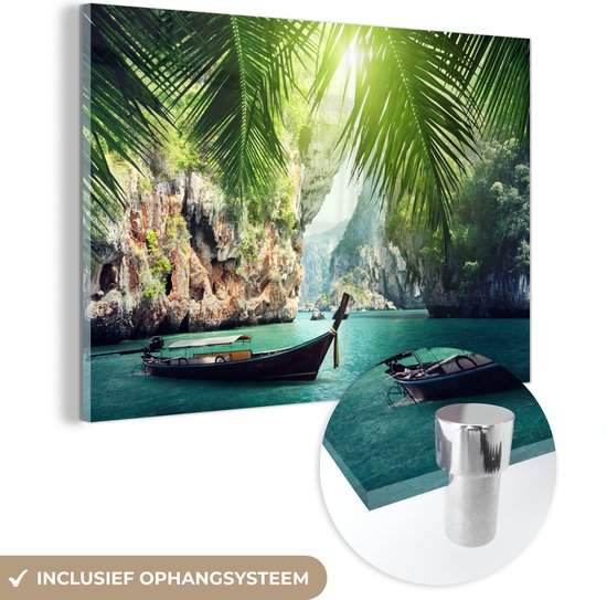 Palmiers dans l'océan tropical sur Glas 90x60 cm - Tirage photo sur Glas (décoration murale plexiglas) / Mer et plage
