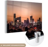 MuchoWow® Glasschilderij 150x100 cm - Schilderij acrylglas - Beijing skyline met zonsondergang - Foto op glas - Schilderijen