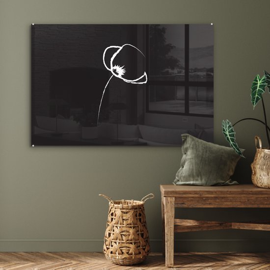 Peinture sur verre MuchoWow® 90x60 cm - Peinture acrylique sur verre - Bloem - Zwart - Wit - Line art - Photo sur verre - Peintures
