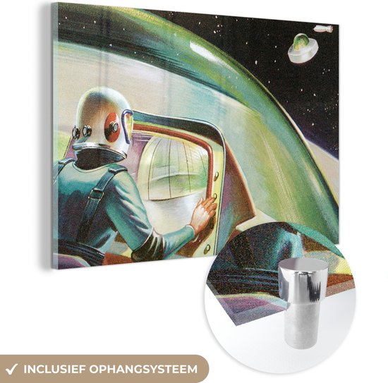 MuchoWow® Glasschilderij 150x100 cm - Schilderij acrylglas - Een kleurrijke illustratie van een UFO in de ruimte - Jongens - Meisjes - Kinderen - Kind - Foto op glas - Schilderijen
