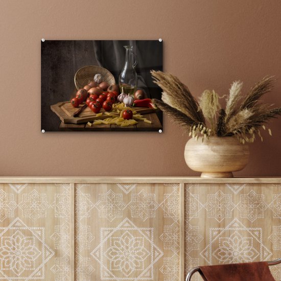 MuchoWow® Tableau sur verre 40x30 cm - Tableau sur verre acrylique - Planche à découper - Légume - Nature morte - Pâtes - Oignon - Tomate - Planche à découper - Photo sur verre - Décoration murale salon - Décoration murale chambre - Peintures