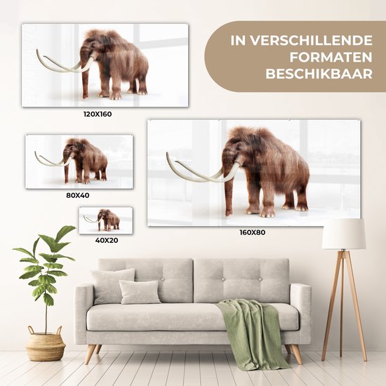 ® Glasschilderij 120x60 cm - Schilderij acrylglas - Illustratie van een Mammoet tegen een witte achtergrond - Foto op glas - Muurdecoratie woonkamer - Wanddecoratie slaapkamer - Schilderijen