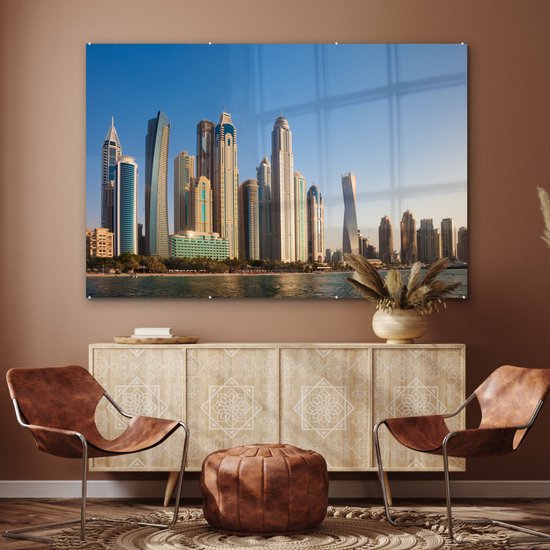 MuchoWow® Peinture sur verre - L' Skyline de la marina de Dubaï depuis la mer - 150x100 cm - Peintures sur verre acrylique - Photo sur Glas