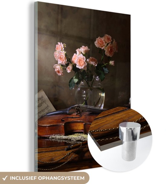 MuchoWow® Peinture sur Verre - Violon - Roses - Rose - Fleurs - Nature Morte - 30x40 cm - Peintures sur Verre Acrylique - Photo sur Glas