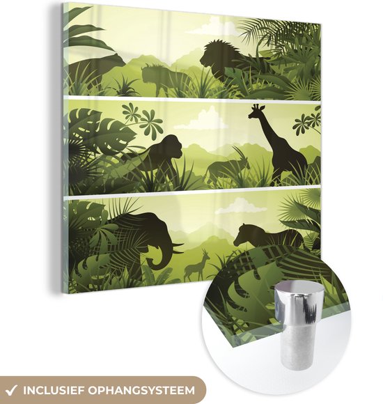 MuchoWow® Glasschilderij 20x20 cm - Schilderij acrylglas - Illustratie van Afrikaanse landschappen met dieren - Foto op glas - Schilderijen