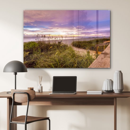 ® Glasschilderij 90x60 cm - Schilderij acrylglas - Kleurrijke hemel boven het strand in Florida - Foto op glas - Muurdecoratie woonkamer - Wanddecoratie slaapkamer - Schilderijen