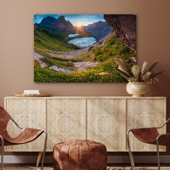 MuchoWow® Peinture sur verre 90x60 cm - Peinture sur verre acrylique - Alpes - Lac - Soleil - Photo sur verre - Peintures