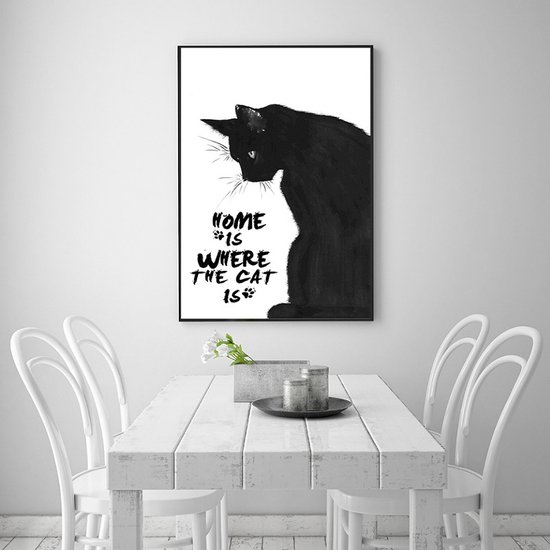 Canvas Schilderij * Home is where The Cat is * - Kunst aan je Muur - Kattenliefhebber - Zwart Wit - 50 x 75 cm