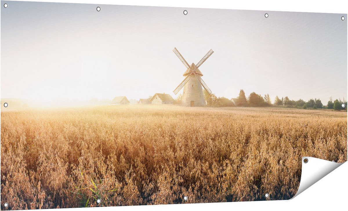 Gards Tuinposter Windmolen in het Veld - 160x80 cm - Tuindoek - Tuindecoratie - Wanddecoratie buiten - Tuinschilderij Multikleur