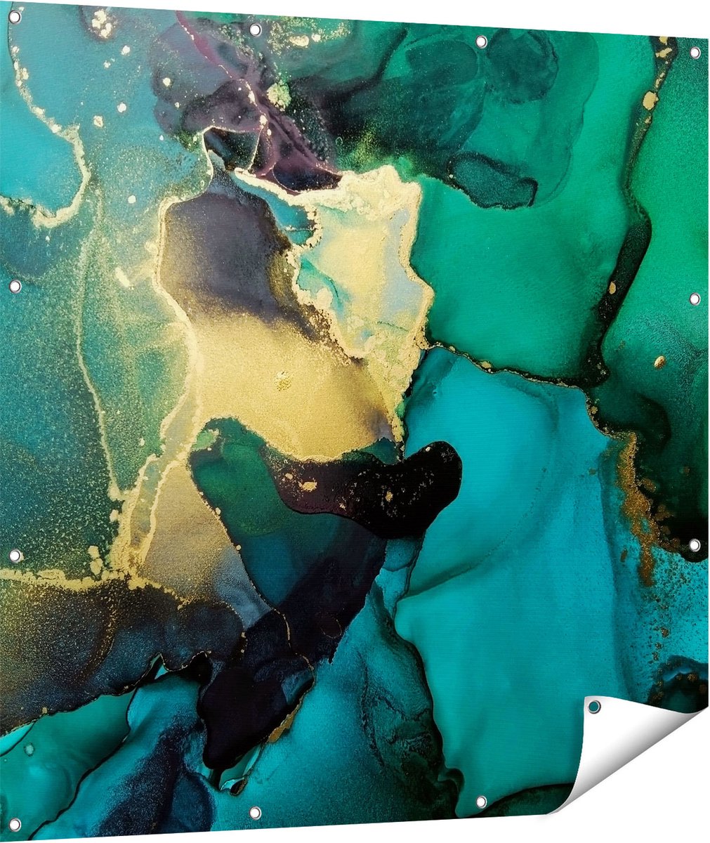 Gards Tuinposter Abstracte Kunst - Groen met Goud - 110x110 cm - Tuindoek - Tuindecoratie - Wanddecoratie buiten - Tuinschilderij Multikleur