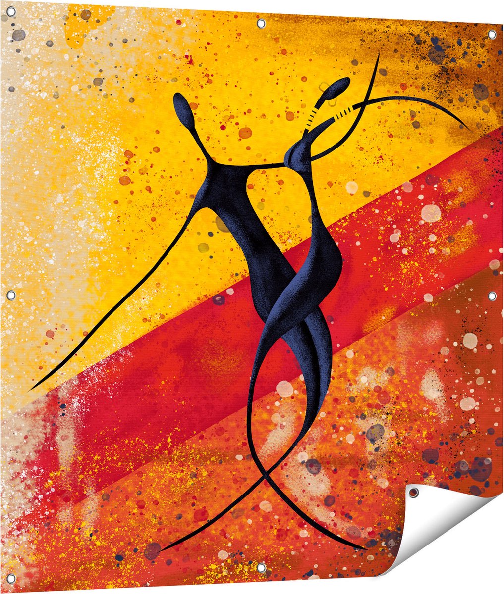 Gards Tuinposter Abstracte Kunst - Dansend Afrikaans Paar - 100x100 cm - Tuindoek - Tuindecoratie - Wanddecoratie buiten - Tuinschilderij Multikleur