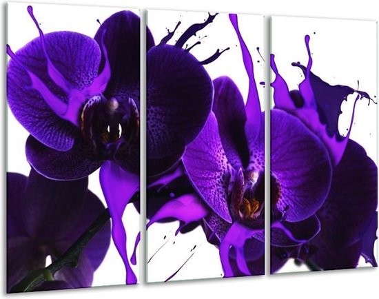 GroepArt - Schilderij -  Orchidee - Paars, Blauw, Wit - 120x80cm 3Luik - 6000+ Schilderijen 0p Canvas Art Collectie