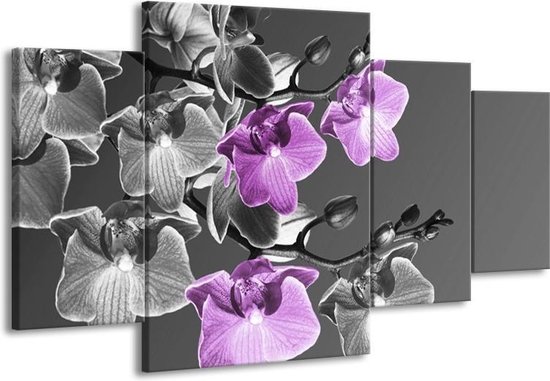 GroepArt - Schilderij -  Orchidee - Grijs, Paars, Zwart - 160x90cm 4Luik - Schilderij Op Canvas - Foto Op Canvas