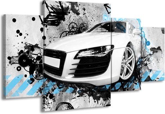 GroepArt - Schilderij -  Auto, Audi - Wit, Blauw, Zwart - 160x90cm 4Luik - Schilderij Op Canvas - Foto Op Canvas