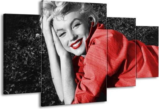 GroepArt - Schilderij -  Marilyn Monroe - Zwart, Rood, Grijs - 160x90cm 4Luik - Schilderij Op Canvas - Foto Op Canvas